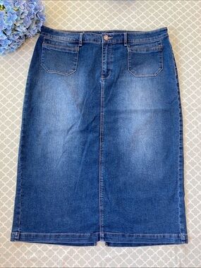 CJ Banks Medium Wash Denim Midi Skirt 16W